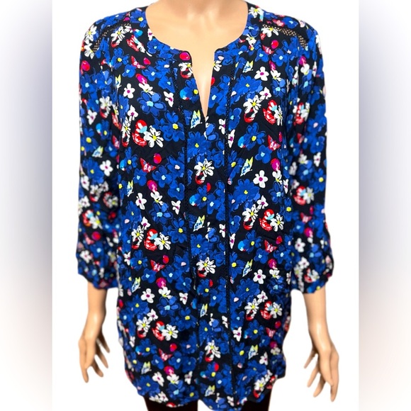 Talbots Floral Tunic Blouse Blue 3/4 Sleeve Crochet Accent Size 2X Petite - Picture 2 of 10